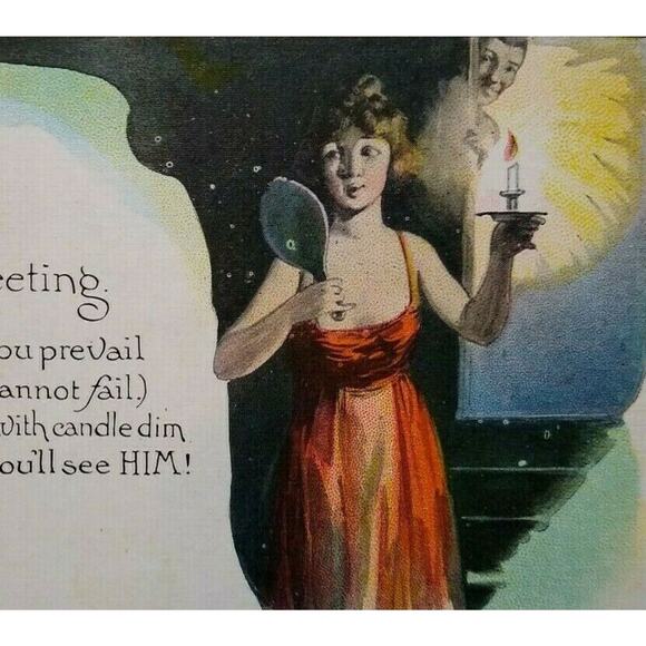 Vintage Halloween Postcard Women With Candle And Mirror NYCE Series 363 Unused - Picture 1 of 4
